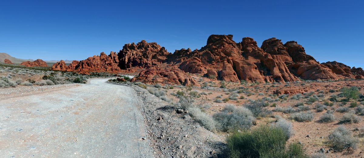 A gravel road runs through a desert with sparse shrubs toward rugged red rock formations under a clear blue sky.