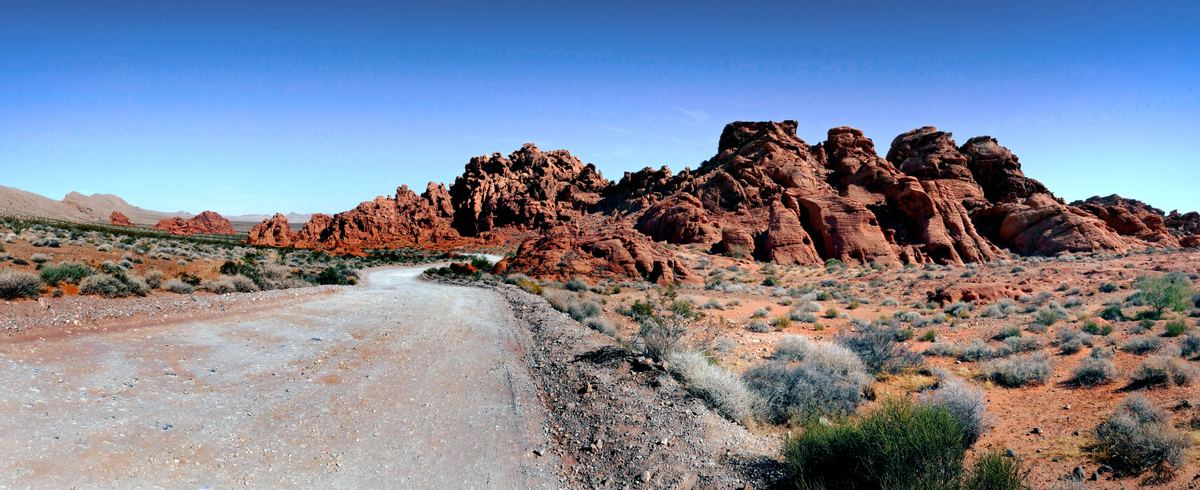 A pale dirt road curves past desert scrub toward red sandstone rock formations under a clear blue sky.